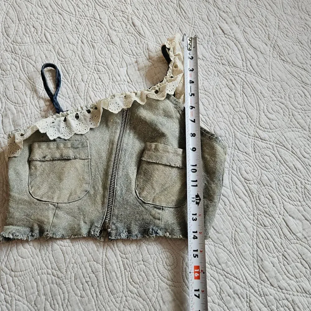 Sold - Euro Sparkly Denim Top Cropped White Eyelet Detail - Size Small - Picture 7 of 8